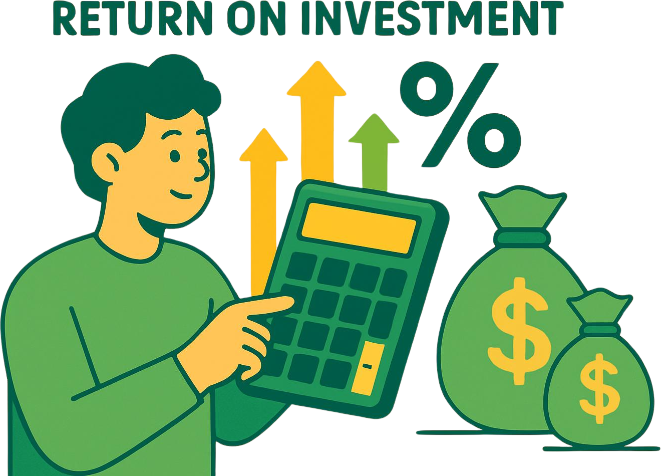 Person calculating ROI with calculator, money bags, upward arrows, and percentage symbols in green and yellow tones