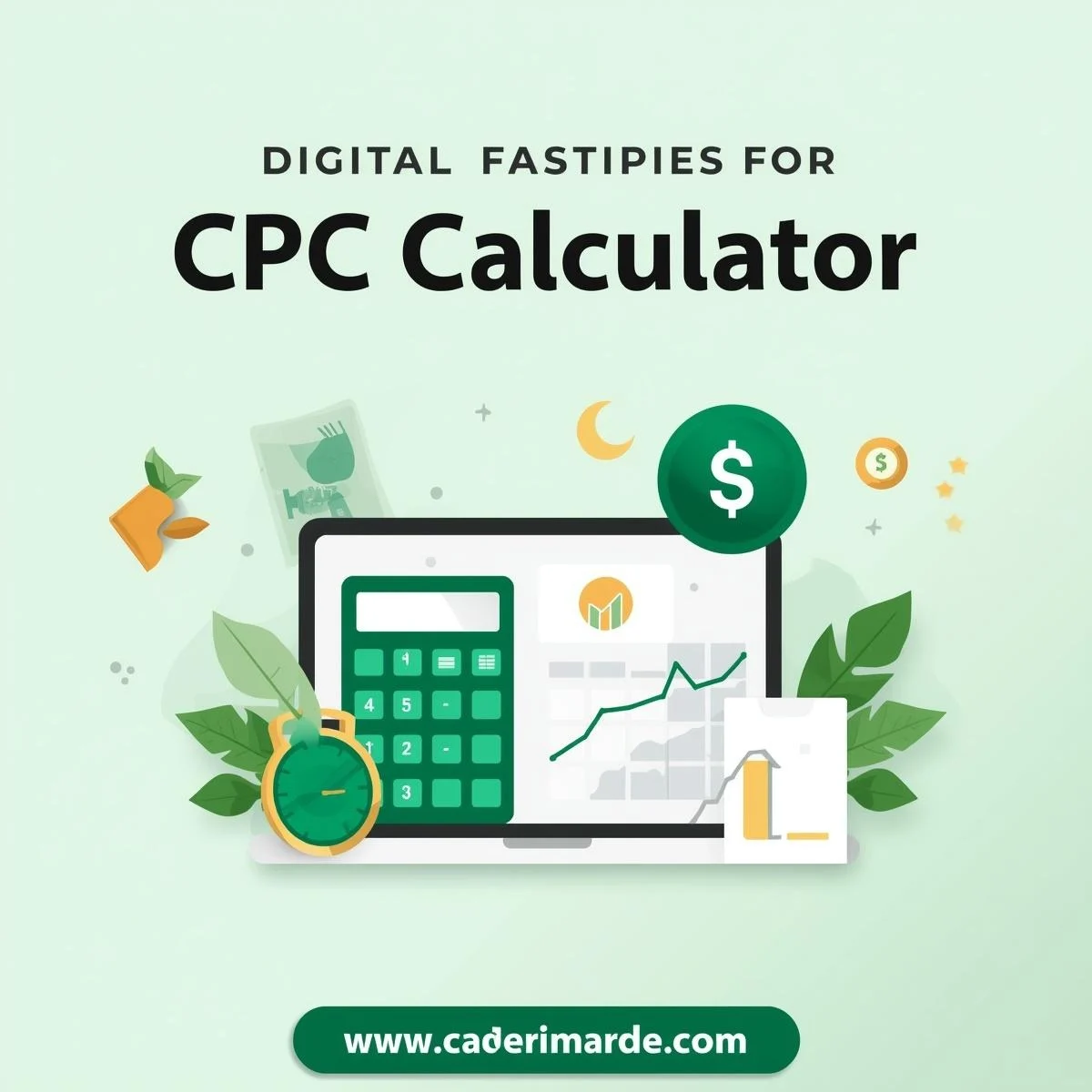 Professional illustration of CPC Calculator in Pakistan showing laptop computer, calculator, PKR currency symbol, and advertising growth graph in green and white Pakistani theme colors