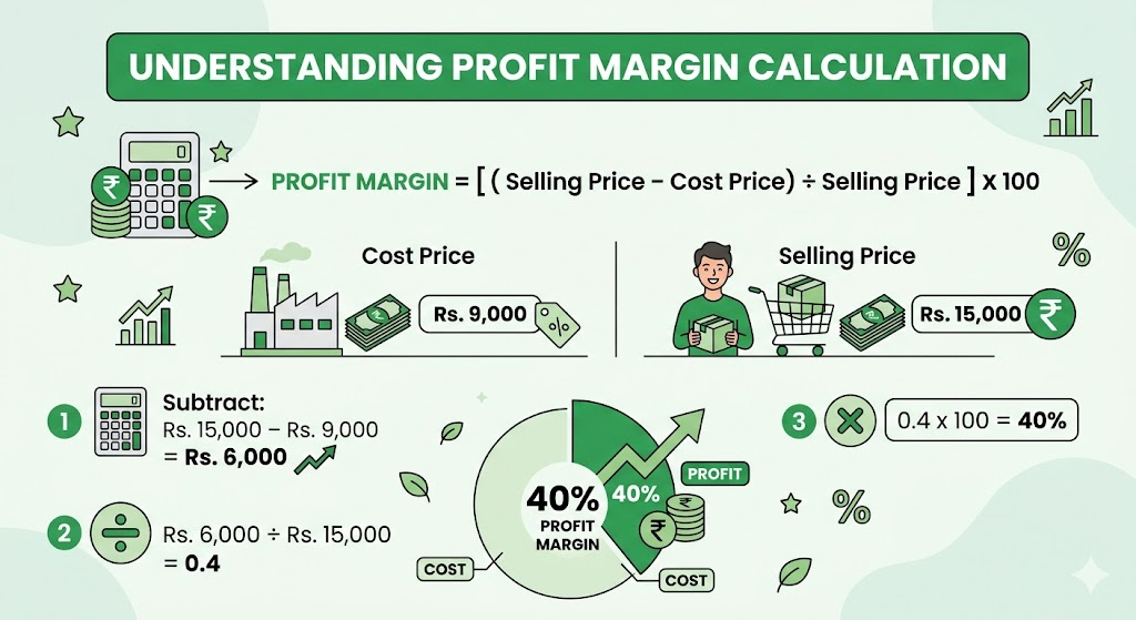 Profit margin calculation example showing selling price Rs 15000, cost price Rs 9000 and 40 percent profit margin formula