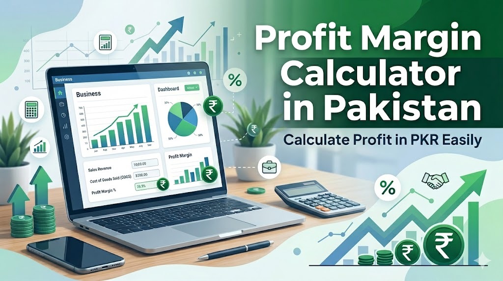 Profit margin calculator in Pakistan with financial charts, growth arrows and PKR currency symbols