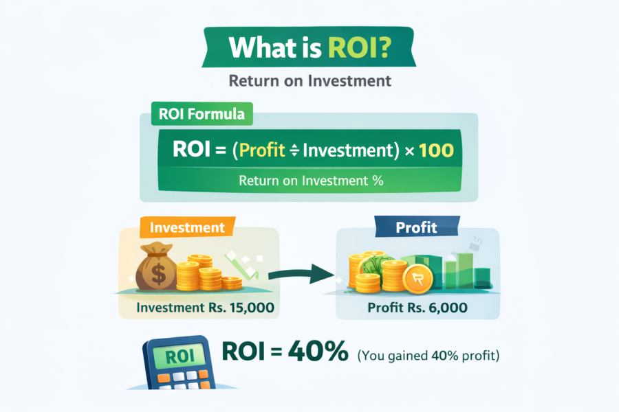 ROI infographic showing formula (Profit ÷ Investment × 100) with example in Pakistani Rupees Rs 15000 investment and Rs 6000 profit resulting in 40 percent ROI