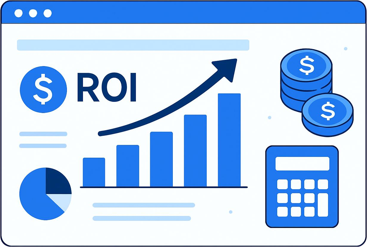 ROI dashboard illustration with rising bar chart, dollar coins, and calculator in blue and white