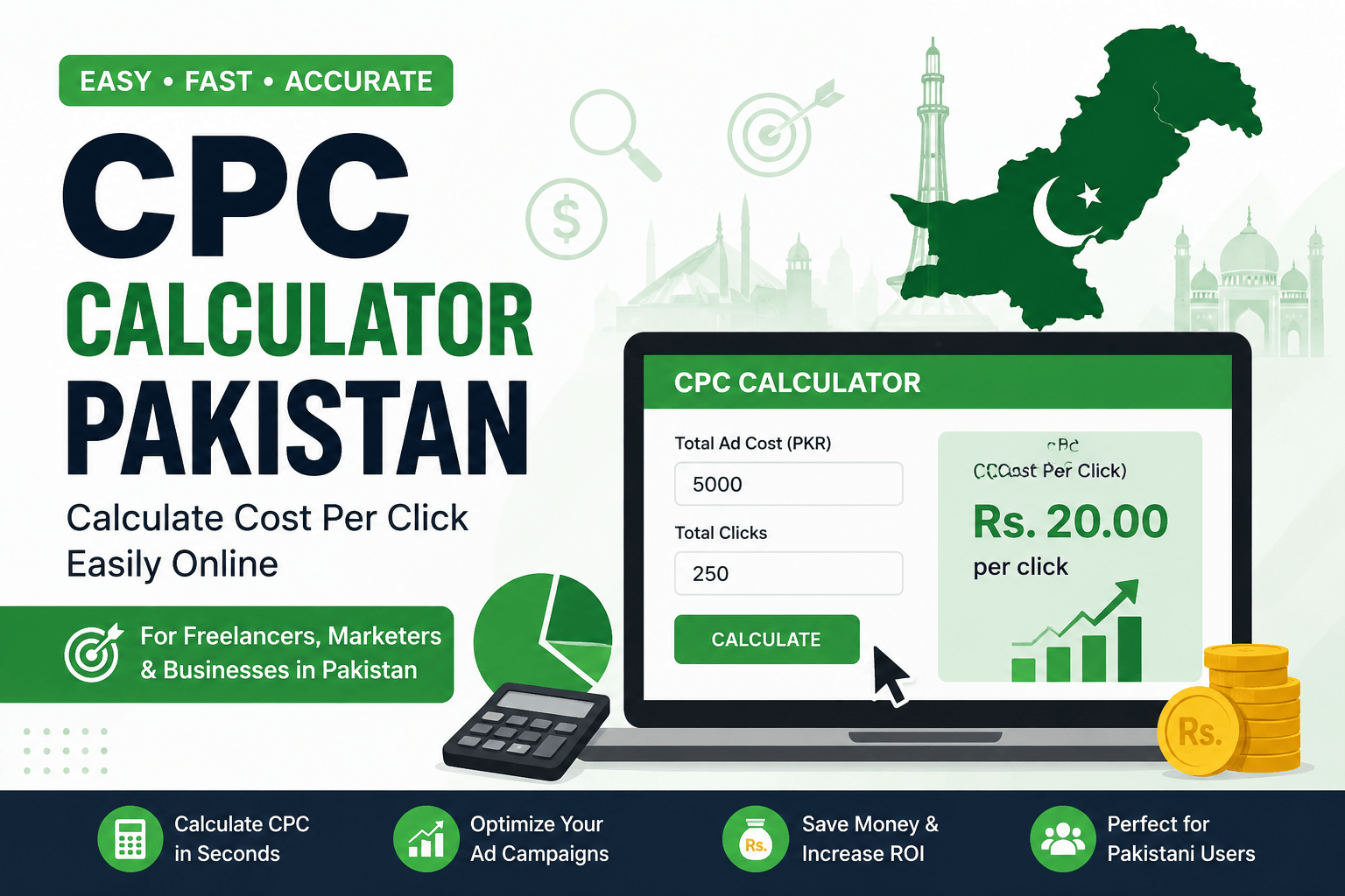 CPC Calculator Pakistan tool banner showing cost per click calculation for digital marketing and Google Ads campaigns.