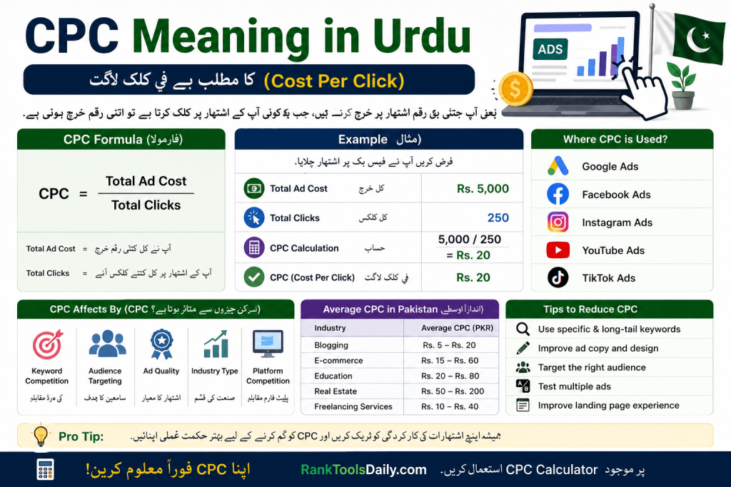 Infographic explaining CPC meaning in Urdu with formula, examples, average CPC rates, and digital marketing tips.