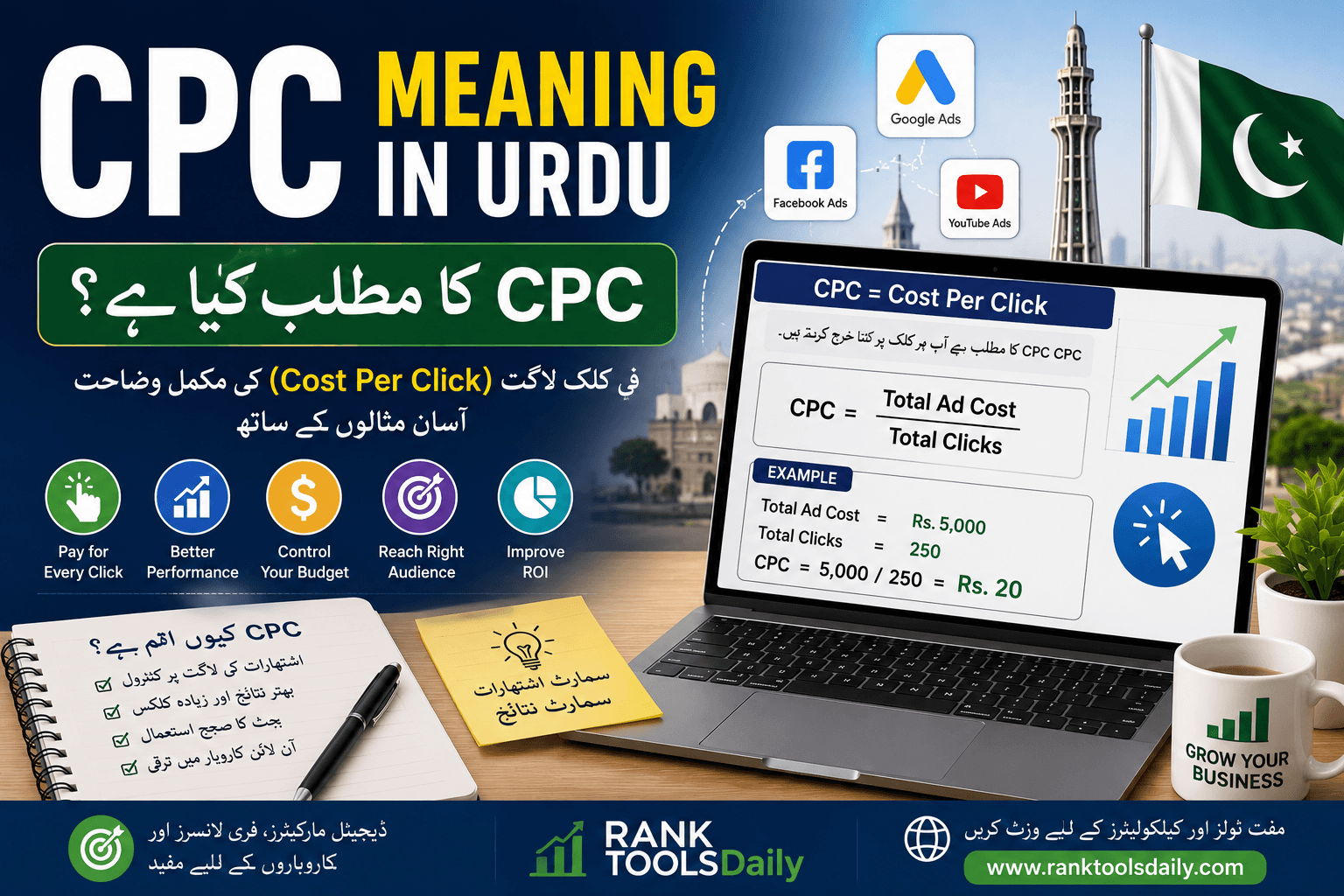 CPC meaning in Urdu infographic explaining cost per click with examples for Pakistani freelancers and marketers.