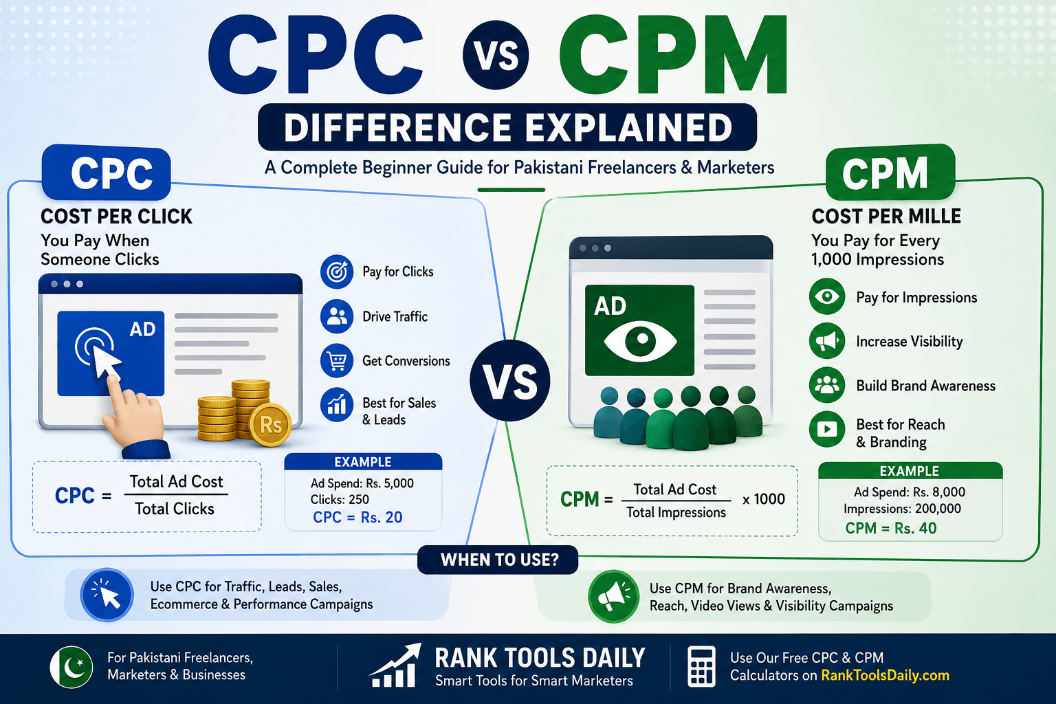 Infographic comparing CPC and CPM with formulas, advertising examples, and digital marketing campaign differences.