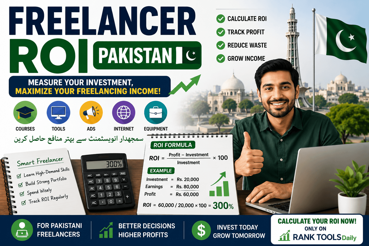 Freelancer ROI Pakistan featured image showing freelancing profit calculation, ROI formula, and income growth for Pakistani freelancers.