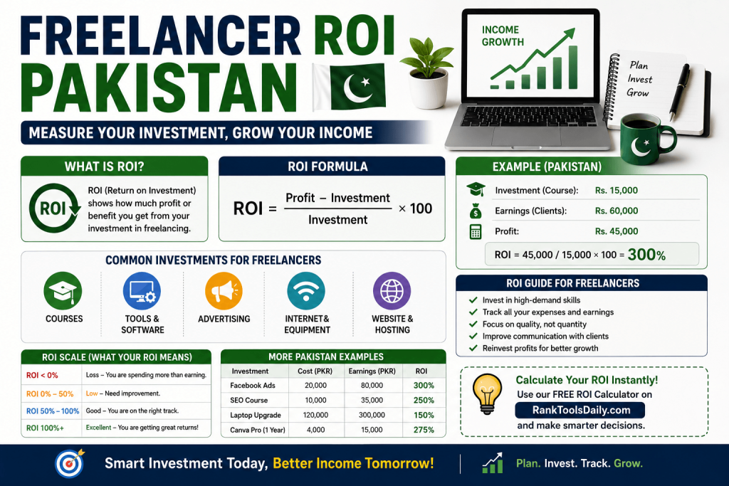 Infographic explaining freelancer ROI in Pakistan with ROI formula, freelancing investments, and income growth examples.