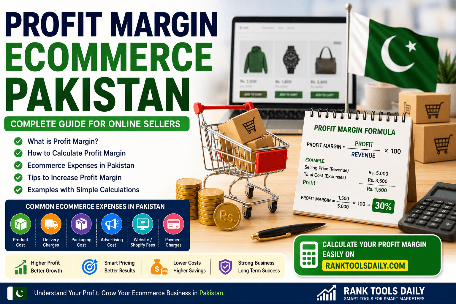 Profit Margin Ecommerce Pakistan featured image showing ecommerce profit calculations, online selling expenses, and profit margin formula.