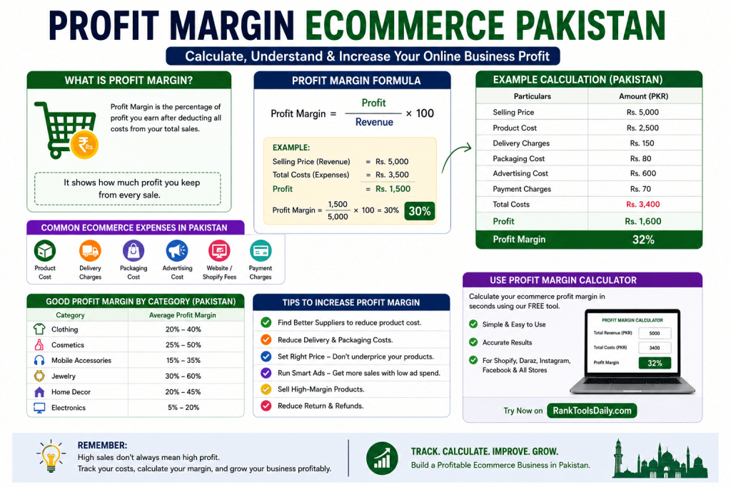Infographic explaining ecommerce profit margin in Pakistan with formula, expense breakdown, and profit calculation examples.