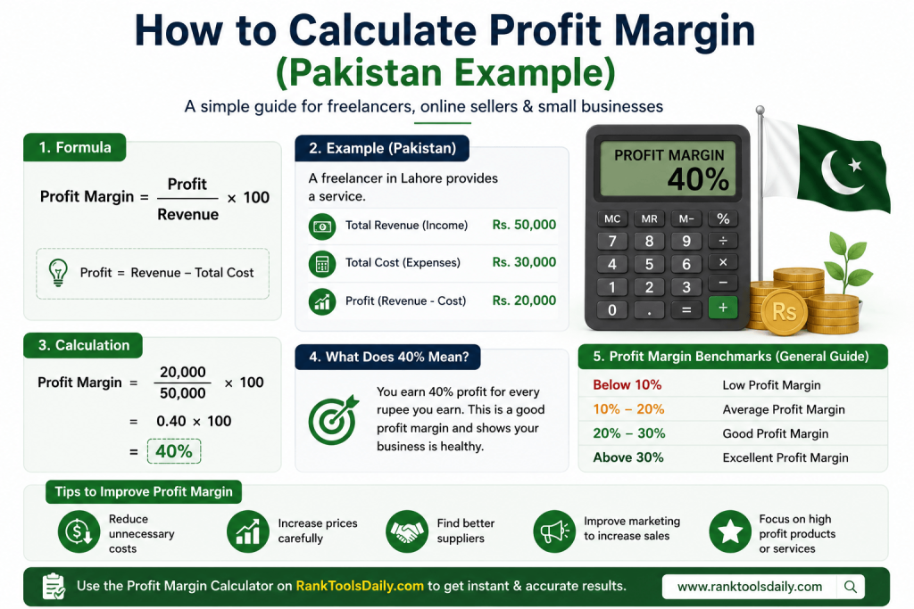 Infographic showing profit margin formula example with revenue, cost, and business profit percentage calculation.