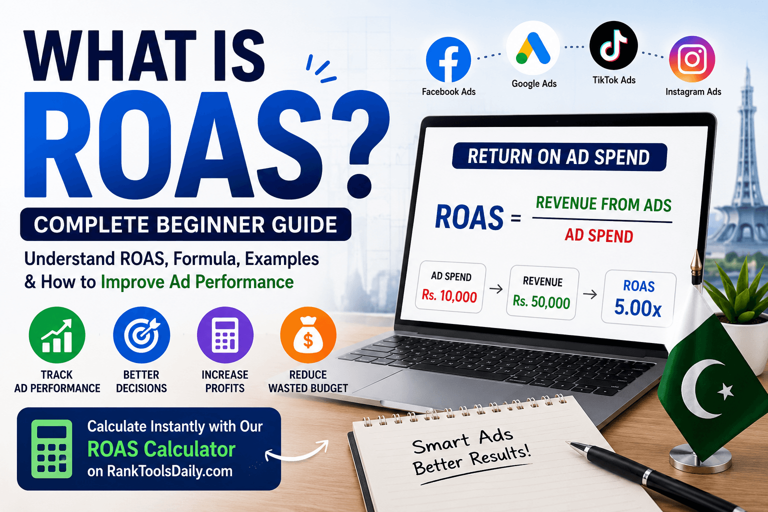 ROAS infographic showing return on ad spend formula, ad profit calculation, and digital marketing examples for beginners.