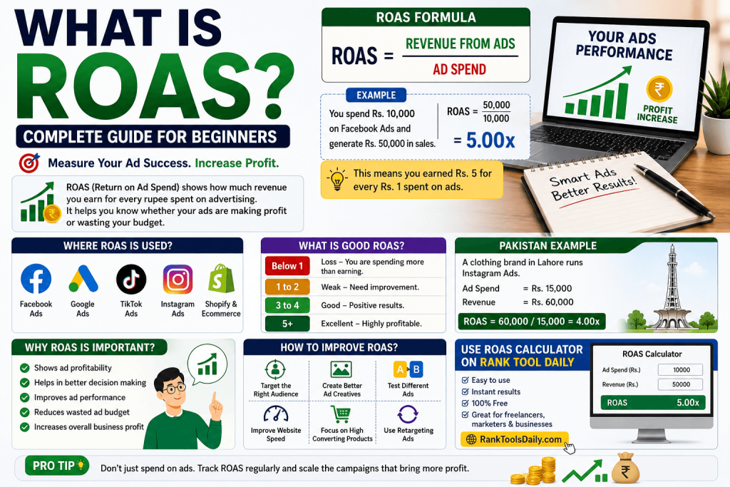 Infographic explaining ROAS with formula, ad spend examples, revenue calculation, and digital marketing performance tips.