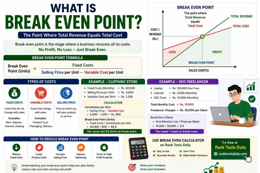 Infographic explaining break even point with formula, business examples, cost types, and profit calculation guide.