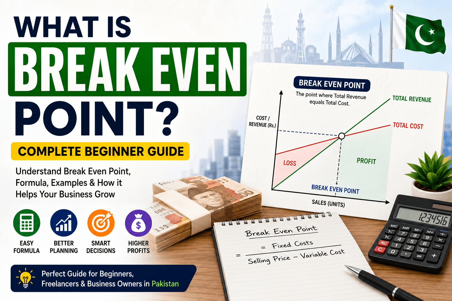 Break even point infographic showing business cost recovery, profit calculation, and break even formula for beginners.