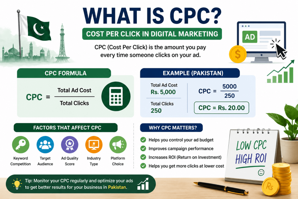 Infographic explaining CPC formula, cost per click examples, and digital marketing benefits in Pakistan.