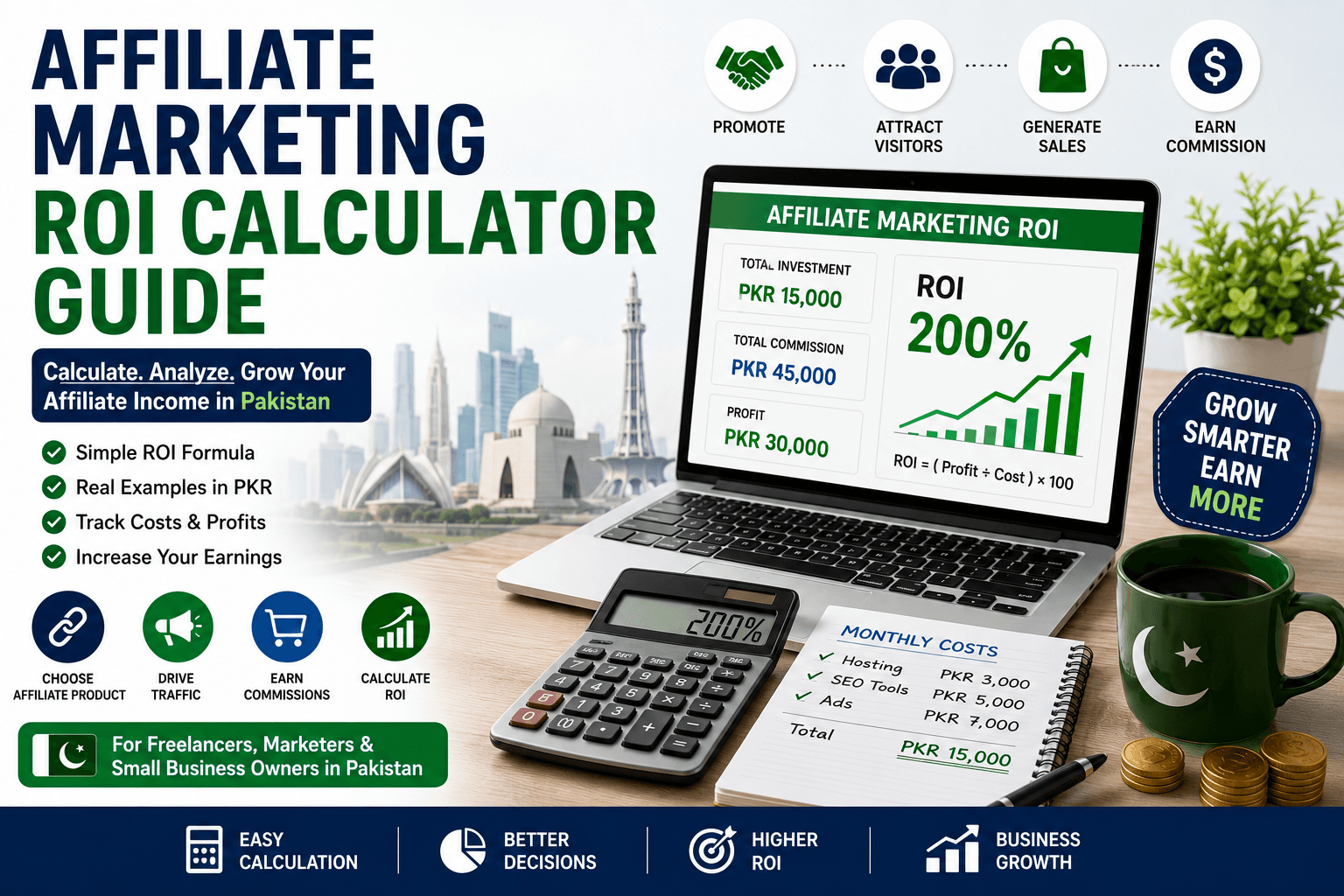 Affiliate Marketing ROI Calculator Guide infographic showing ROI formula, affiliate commissions, profit calculation, and Pakistan-based examples.