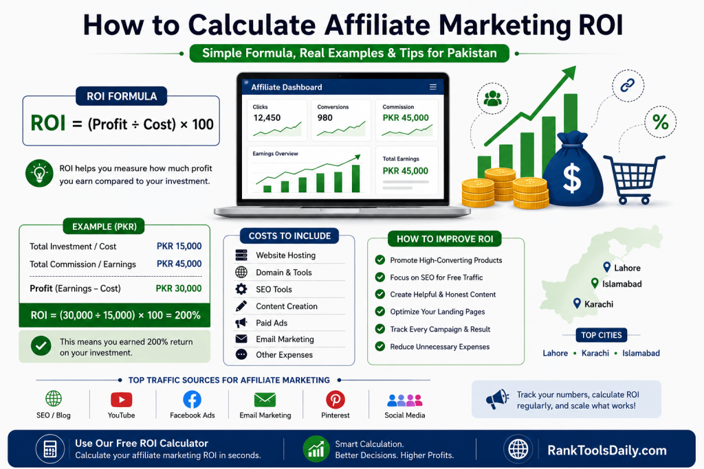 Affiliate Marketing ROI infographic showing ROI formula, affiliate commission, marketing costs, and profit calculation with Pakistan examples.