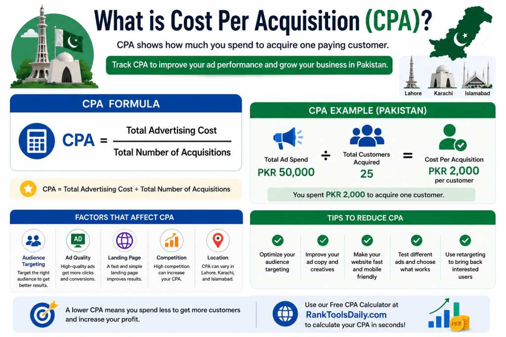 Illustration showing the Cost Per Acquisition (CPA) formula with advertising spend, new customers acquired, and a simple PKR example for beginners