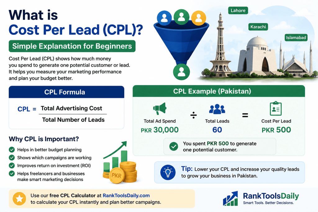 Cost Per Lead formula example showing how to calculate CPL using advertising cost and total leads in Pakistan.