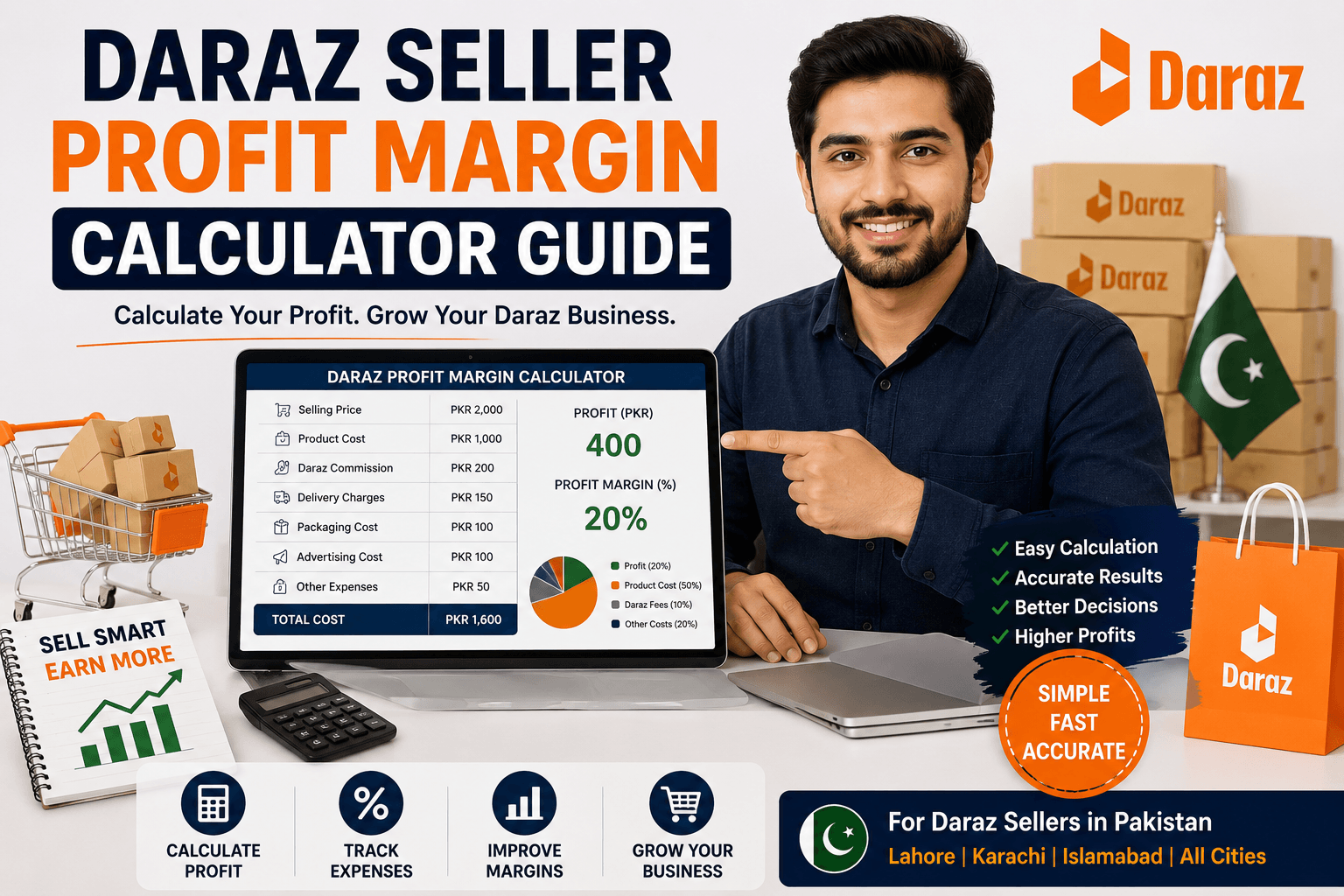 Daraz Seller Profit Margin Calculator Guide infographic showing selling price, Daraz fees, product cost, profit calculation, and ecommerce earnings.