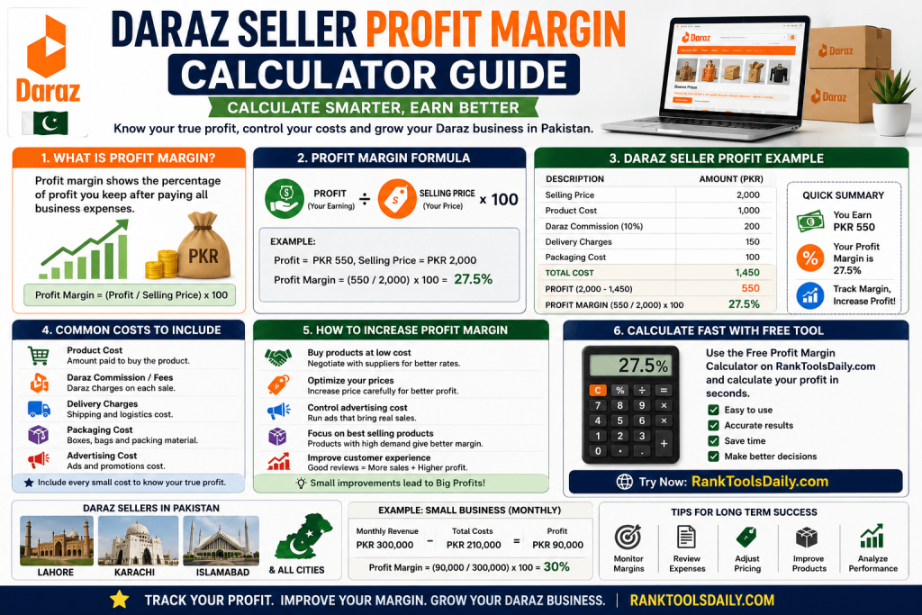 Daraz seller profit margin calculator infographic showing profit margin formula, Daraz fees, product costs, selling price, and profit calculation example.