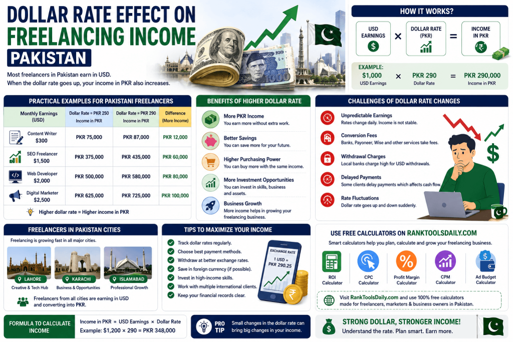 Infographic showing dollar rate impact on freelancing income in Pakistan with USD to PKR conversion examples and freelancer earnings comparison.
