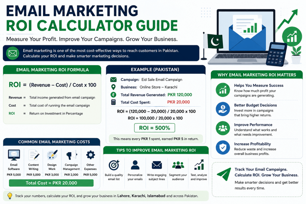 Email Marketing ROI Calculator Guide infographic showing ROI formula, Pakistan example, campaign costs, and email marketing tips