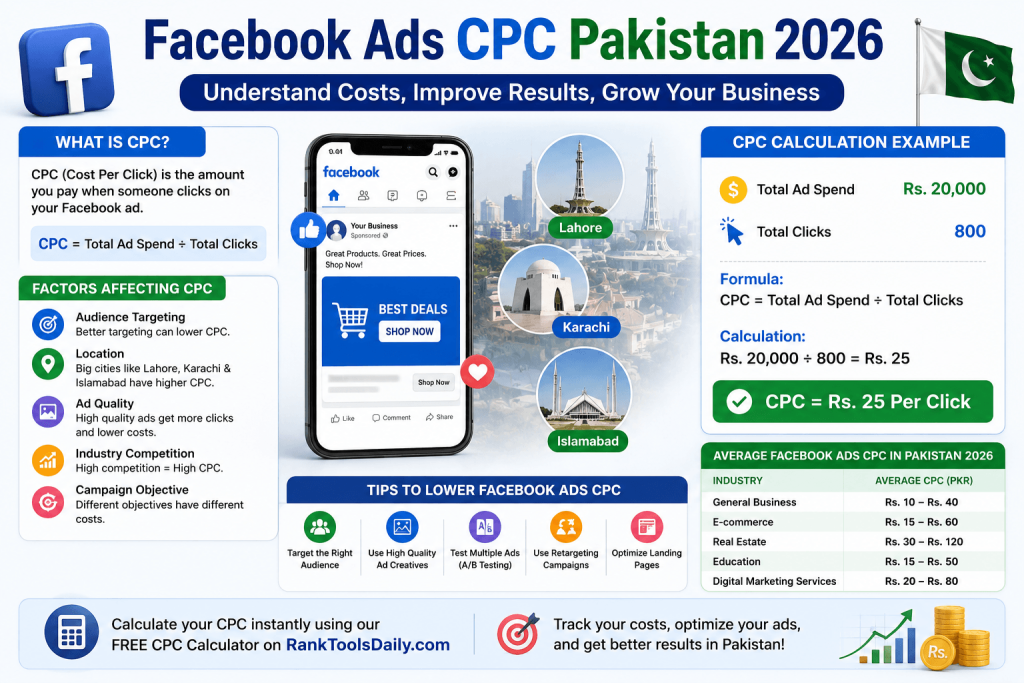 Facebook Ads CPC calculation example showing ad spend, clicks, and cost per click in Pakistani Rupees.