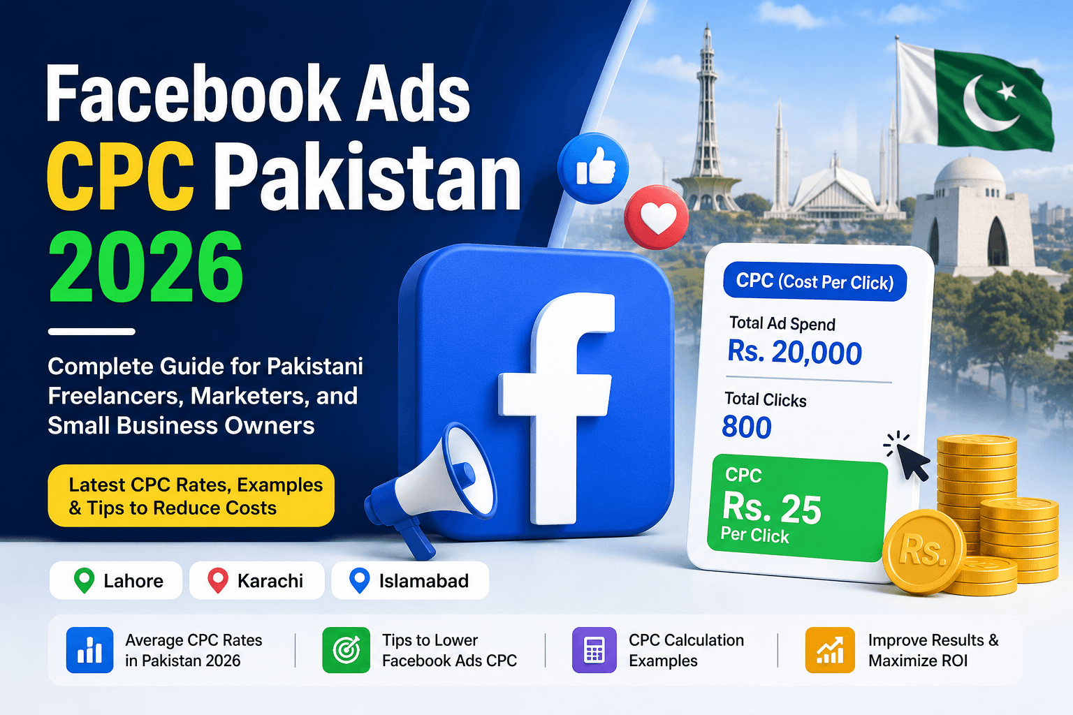 Facebook Ads CPC Pakistan 2026 guide showing Facebook advertising costs, CPC calculation example, and marketing tips for Pakistani businesses.