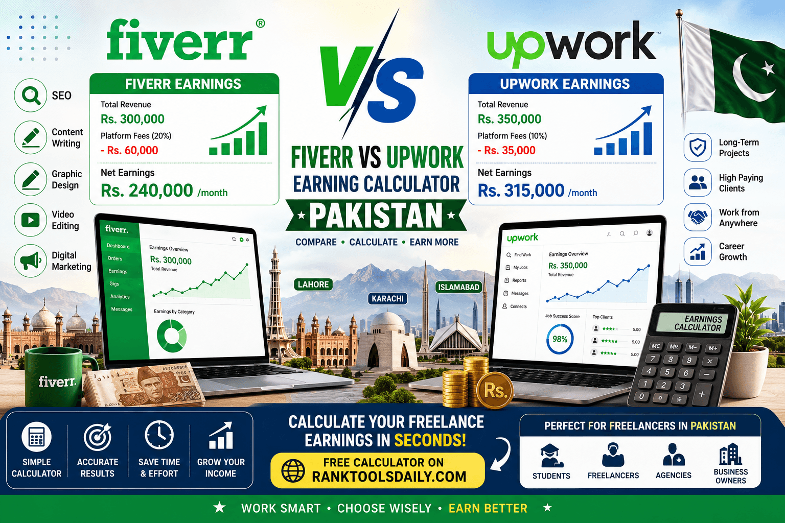 Fiverr vs Upwork Earning Calculator Pakistan featured image showing freelance income comparison, earning examples in PKR, and profit calculation tools.