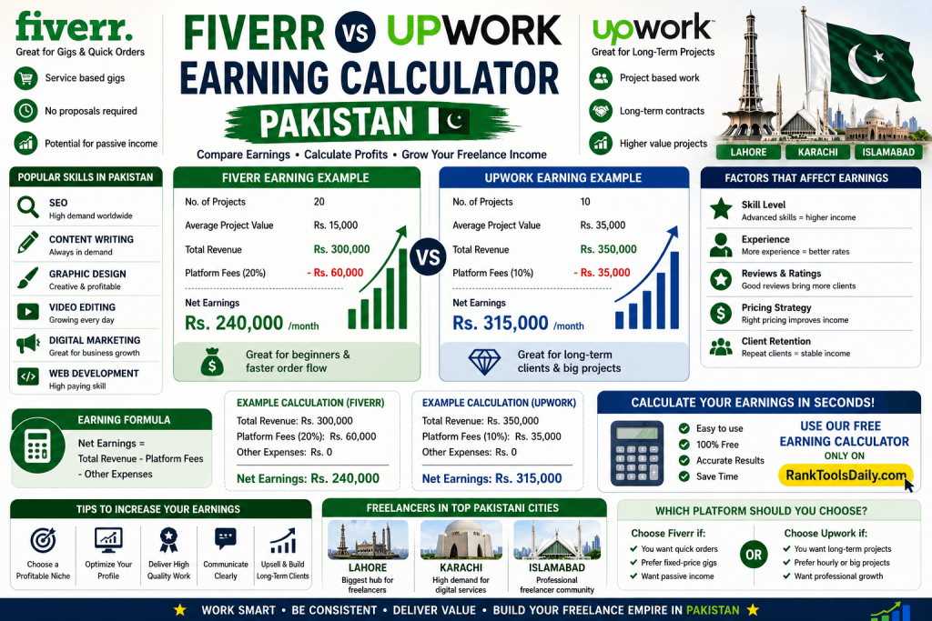 Fiverr vs Upwork Earning Calculator Pakistan infographic showing freelance income comparison, platform fees, net earnings examples, and factors affecting earnings.