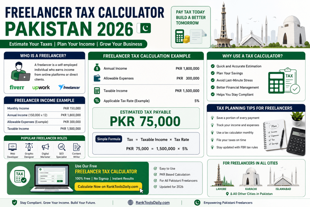 Infographic explaining Freelancer Tax Calculator Pakistan 2026 with taxable income, tax rate, annual income, and tax planning examples.