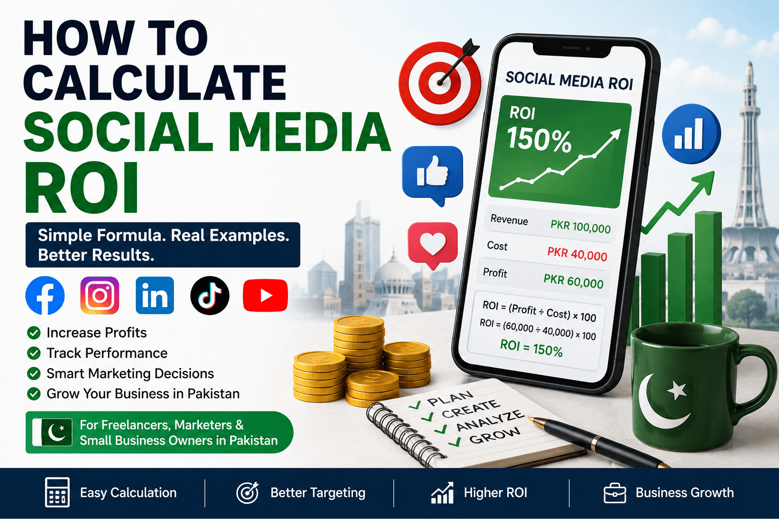 How to calculate social media ROI infographic showing ROI formula, social media platforms, revenue growth, and marketing performance in Pakistan
