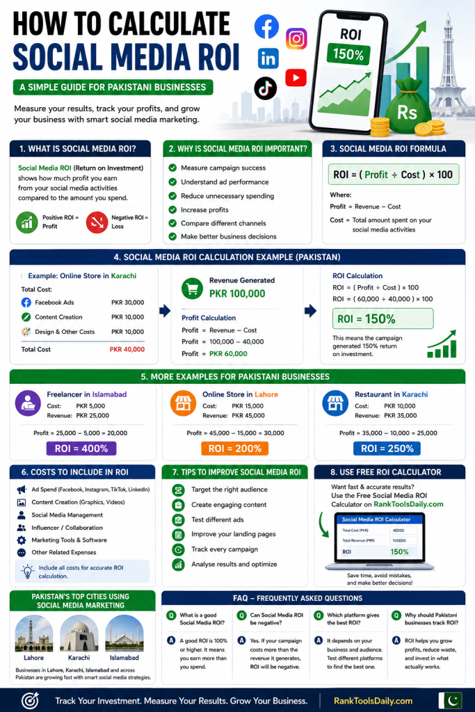 Social Media ROI infographic showing ROI formula, calculation examples, marketing costs, profit tracking, and social media performance in Pakistan