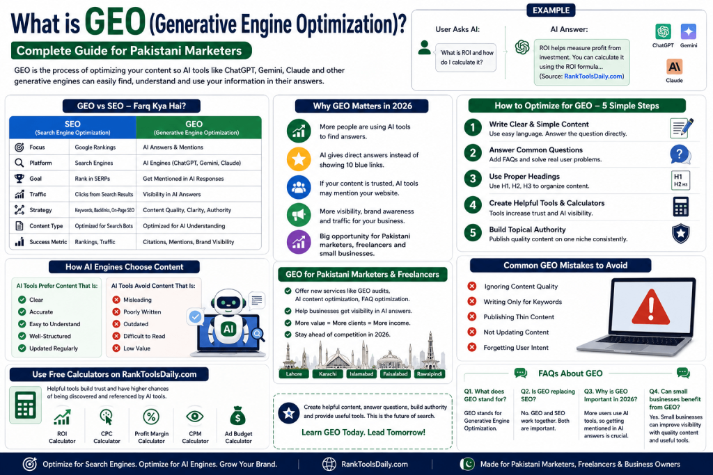 Infographic explaining GEO Generative Engine Optimization with GEO vs SEO comparison, AI content optimization tips, and GEO strategies for marketers.