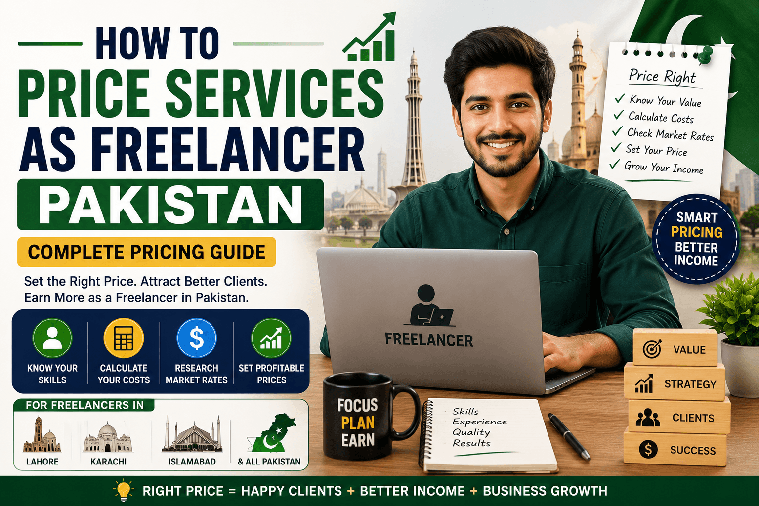 How to price services as freelancer Pakistan infographic showing freelance pricing strategies, project rates, hourly rates, and income calculation examples.
