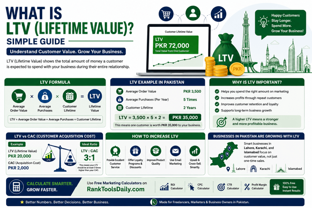 LTV (Lifetime Value) infographic showing the LTV formula, customer lifetime value calculation, PKR examples, and business growth strategies in Pakistan.