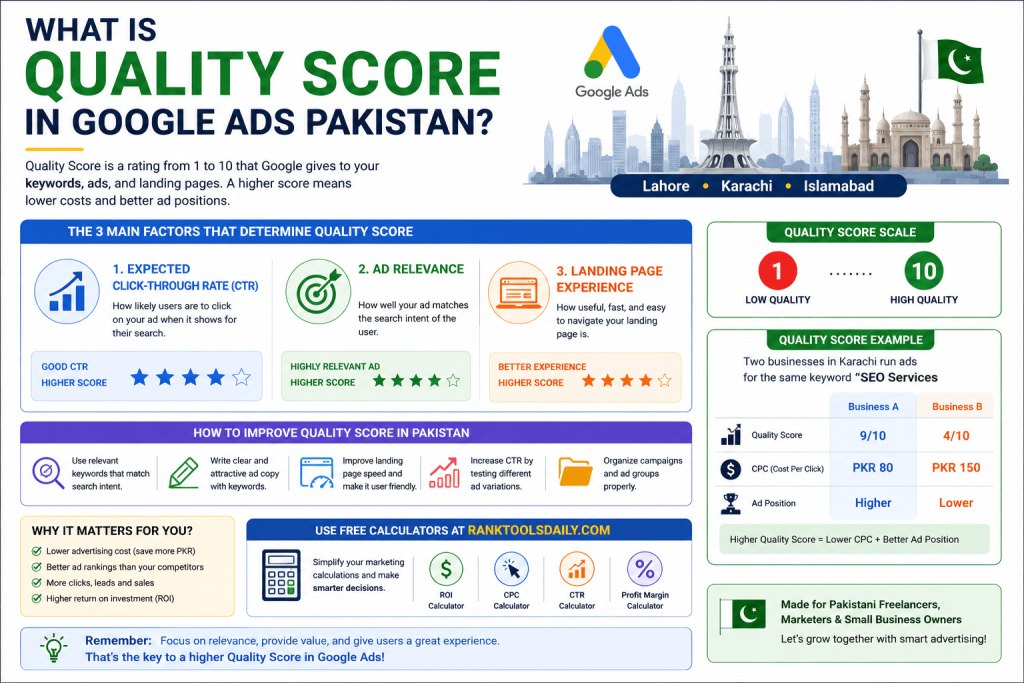 In-post infographic showing the three main Quality Score factors in Google Ads: expected CTR, ad relevance, and landing page experience, with examples for Pakistan.