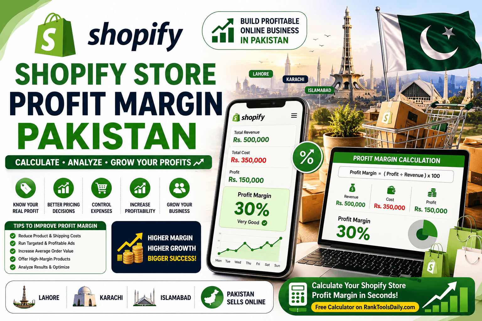 Shopify Store Profit Margin Pakistan featured image showing profit margin calculation, Shopify sales growth, and e-commerce profitability tips for Pakistani businesses.