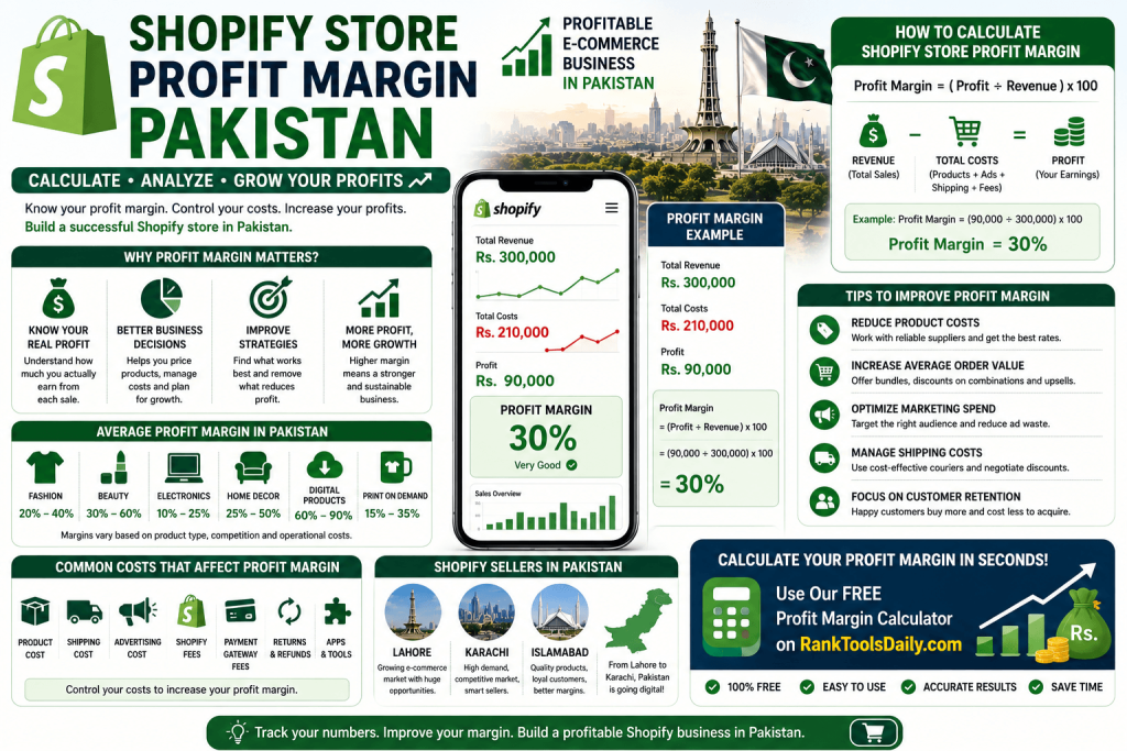 Shopify Store Profit Margin Pakistan infographic showing profit margin formula, revenue, costs, profit calculation, and tips to increase e-commerce profits.