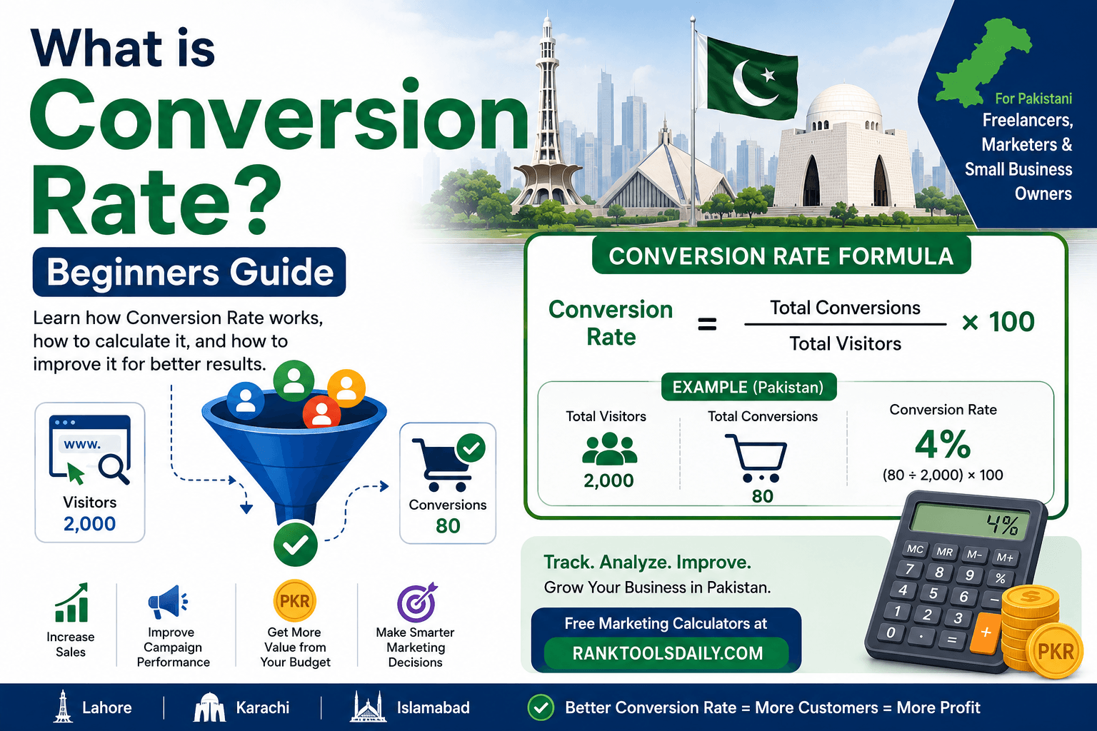 Conversion Rate infographic showing formula, visitors, conversions, and Pakistan-based example for freelancers, marketers, and small business owners