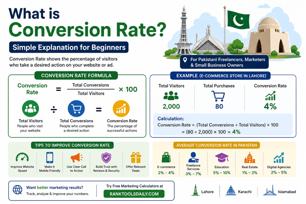 In-post infographic explaining Conversion Rate formula, calculation example, improvement tips, and average conversion rates in Pakistan