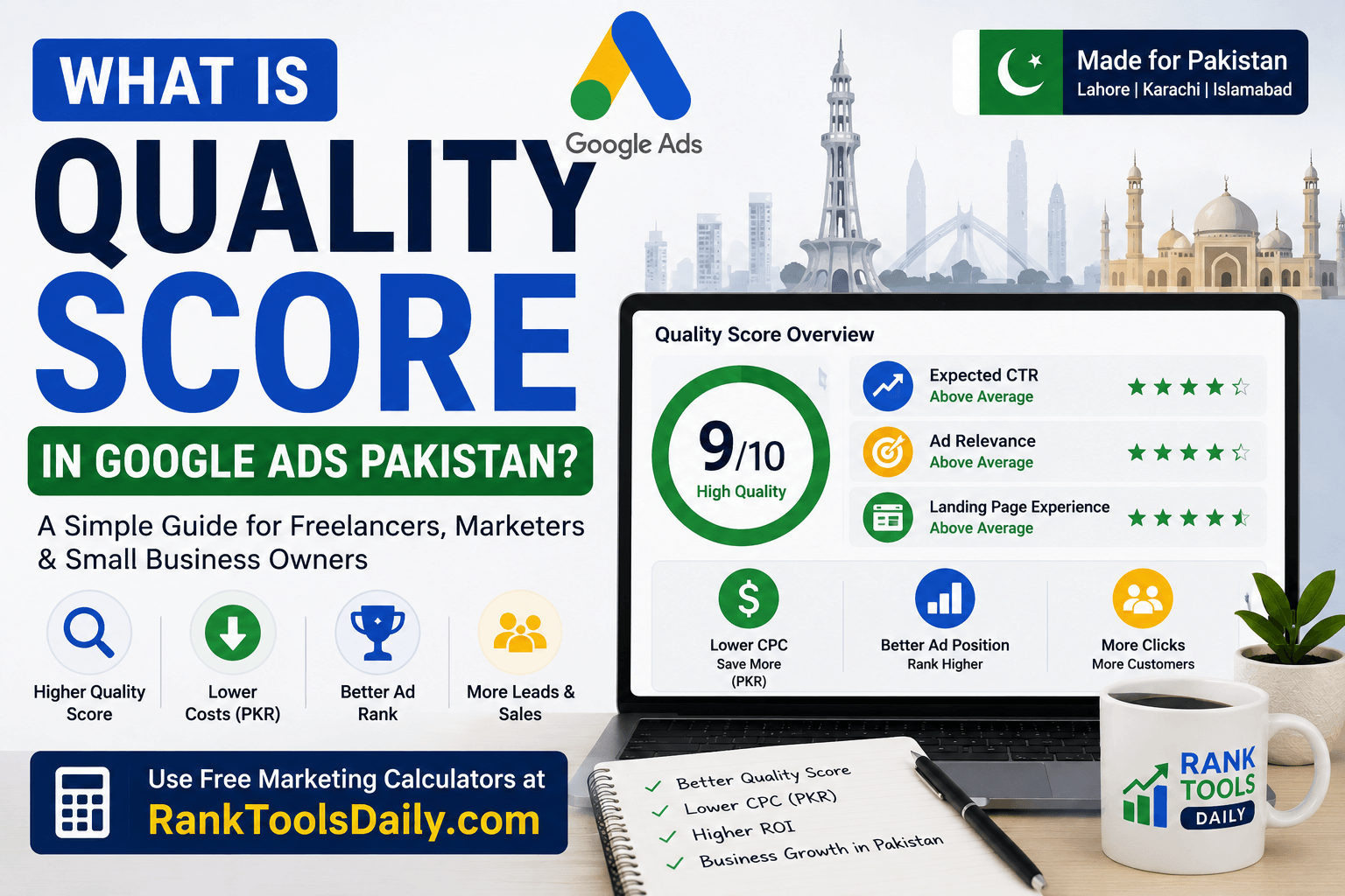 Feature image explaining Quality Score in Google Ads Pakistan, including expected CTR, ad relevance, landing page experience, and benefits for Pakistani businesses.