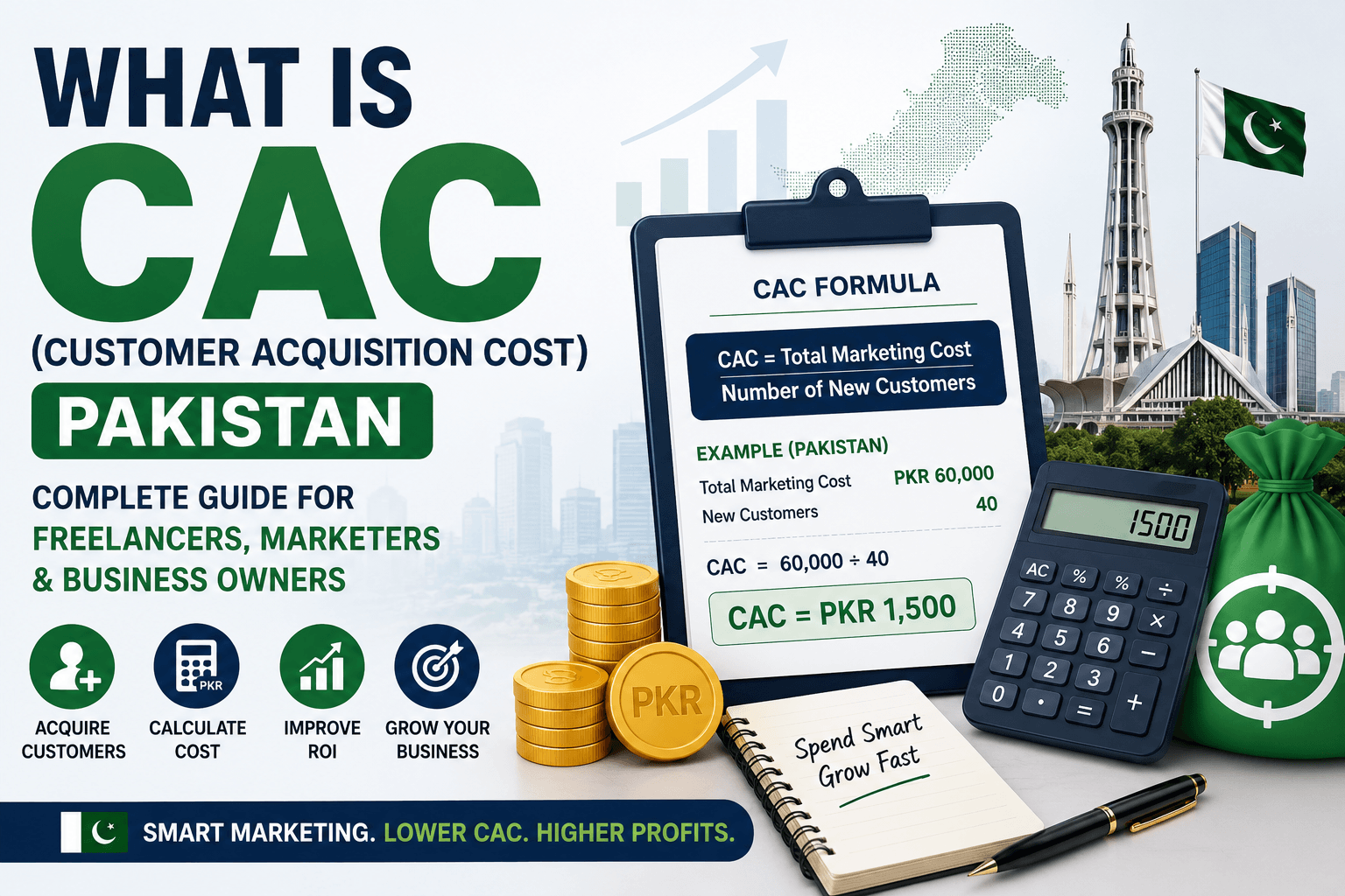 Customer Acquisition Cost (CAC) infographic showing CAC formula, marketing cost calculation, PKR example, and customer acquisition strategy in Pakistan.