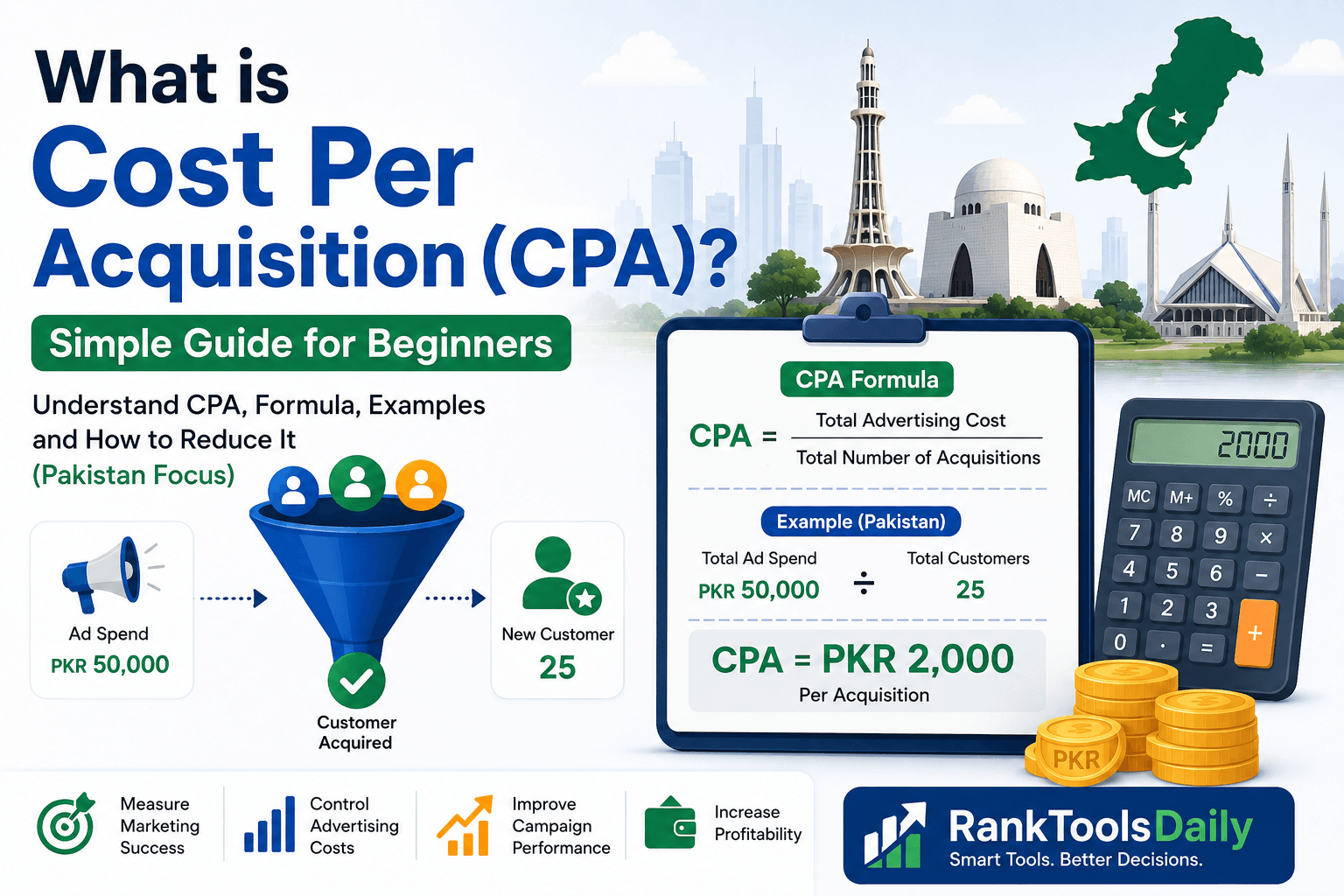 Infographic explaining Cost Per Acquisition (CPA) formula with Pakistani examples, calculator, and marketing funnel illustration