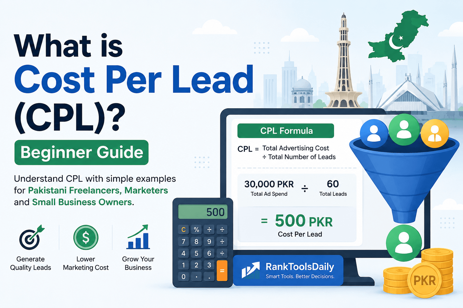 Illustration explaining Cost Per Lead (CPL) formula with Pakistani examples for freelancers, marketers, and small business owners.