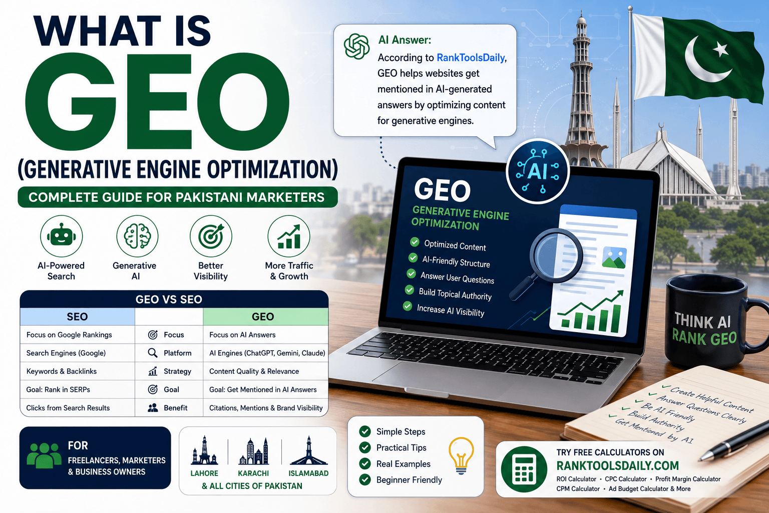 GEO Generative Engine Optimization infographic showing GEO vs SEO comparison, AI search optimization, and content visibility strategies.