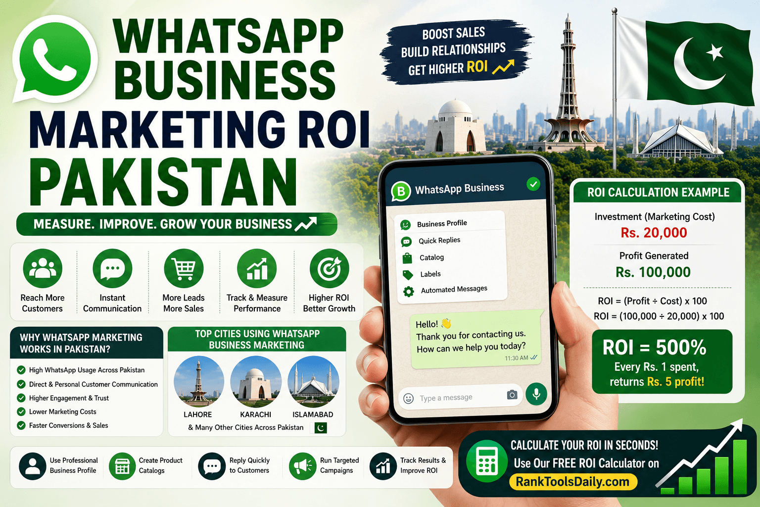 WhatsApp Business Marketing ROI Pakistan featured image showing ROI calculation example, WhatsApp Business tools, and marketing growth strategies.