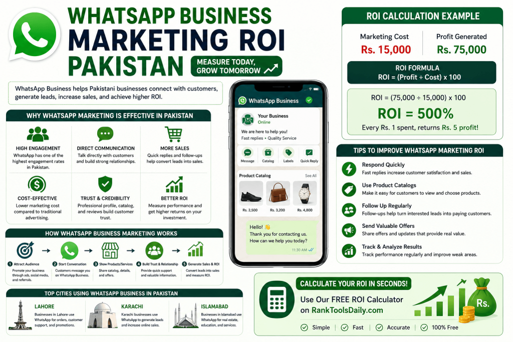 WhatsApp Business Marketing ROI Pakistan infographic showing ROI calculation example, WhatsApp Business features, and marketing growth strategies for Pakistani businesses.